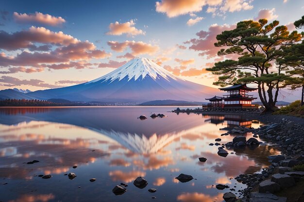 Beaux paysages pittoresques de la montagne Fuji ou Fujisan avec réflexion sur le lac Shoji à l'aube avec ciel du crépuscule dans la préfecture de Yamanashi au Japon Voyage et camping célèbres dans 1 des 5 lacs Fuji