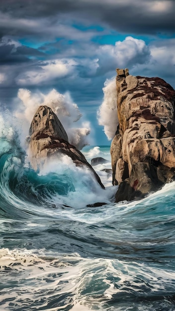 Beaux paysages de vagues de mer qui s'écrasent sur des formations rocheuses