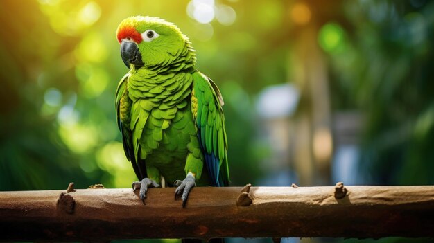 Photo beaux perroquets verts oiseaux tropicaux se tiennent sur le bambou à la nature fond flou image générée par l'ia