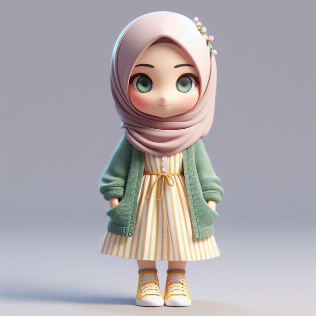 Beaux personnages chibi féminins en 3D en hijab portant une robe avec un cardigan vert et une bande jaune