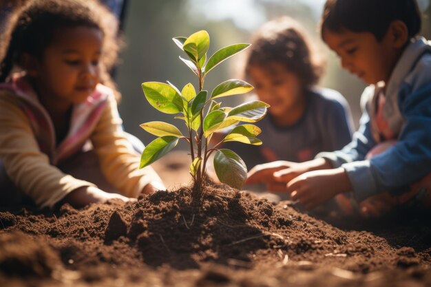 De beaux petits enfants multiethniques se penchent sur une petite pousse verte dans le jardin adorables enfants