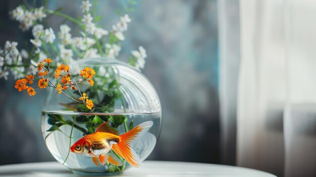 Photo beaux petits poissons d'or brillants dans un aquarium en verre rond sur une table blanche à l'intérieur espace pour le texte
