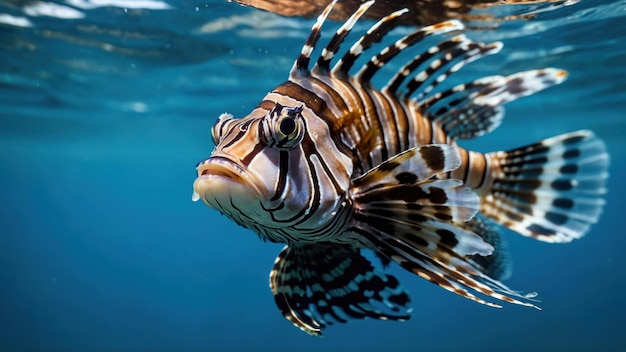 Photo beaux poissons lions flottant au milieu de l'eau