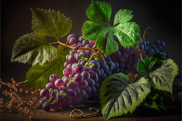 beaux raisins de cuve avec des feuilles vue rapprochée