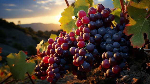 De beaux raisins sur une vigne contre le coucher du soleil.