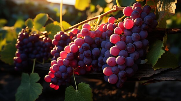 De beaux raisins sur une vigne contre le coucher du soleil.