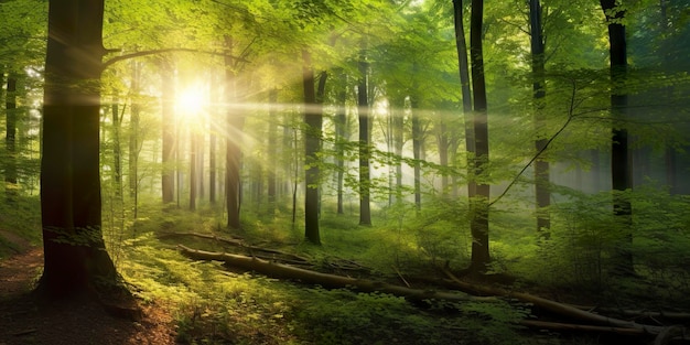 Beaux rayons de soleil dans une forêt verte IA générative