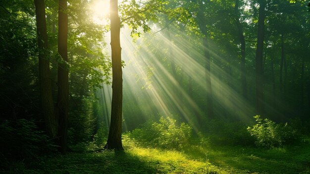 De beaux rayons de soleil dans une forêt verte