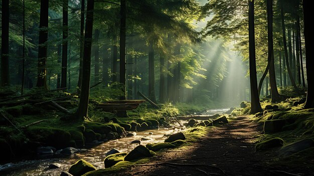 Beaux rayons de soleil dans une forêt verte