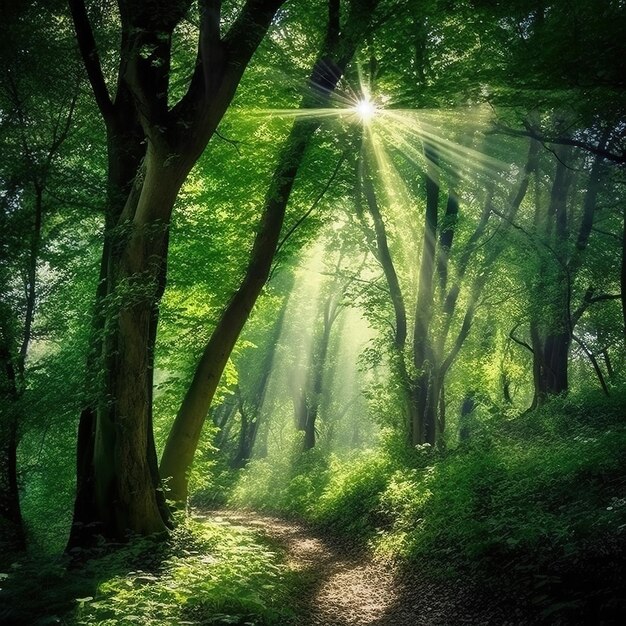 Beaux rayons de soleil dans une forêt verte