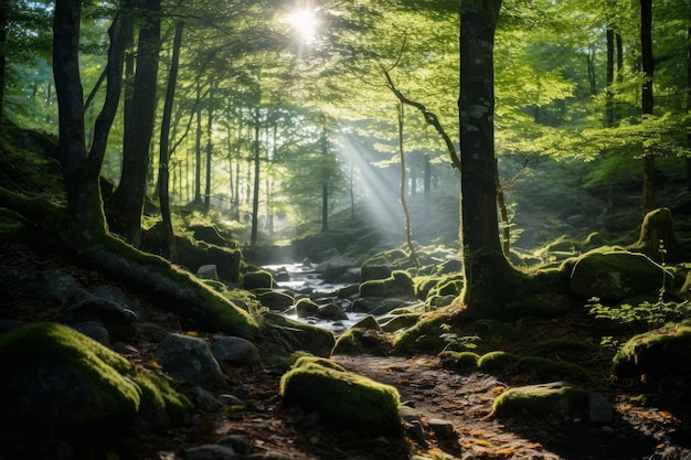 De beaux rayons de soleil dans une forêt verte