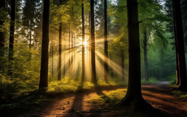 Beaux rayons de soleil dans une forêt verte