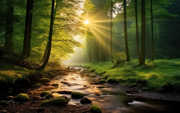Beaux rayons de soleil dans une forêt verte