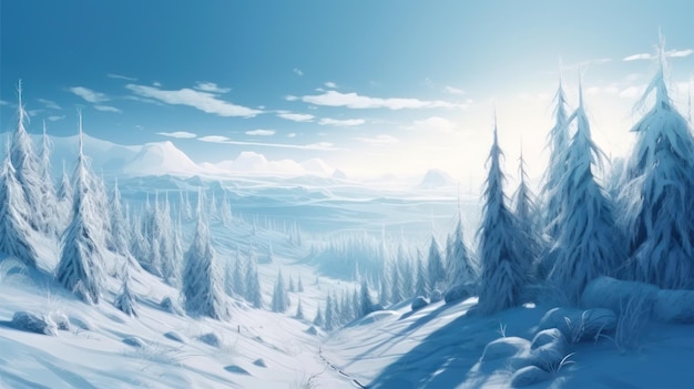 Beaux sapins enneigés dans un paysage de montagnes gelées sur fond de Noël au coucher du soleil