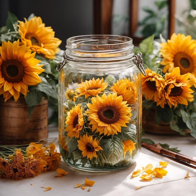 Photo de beaux tournesols dans un pot sur un fond blanc