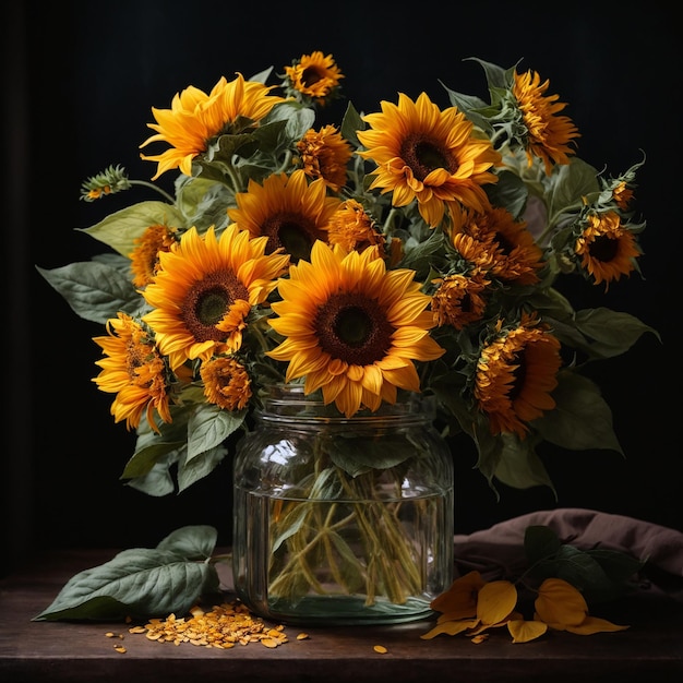 Photo de beaux tournesols dans un pot sur un fond noir