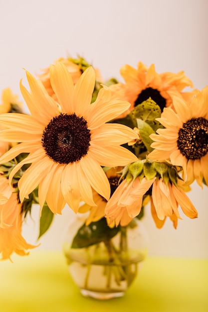 Beaux tournesols dans un vase en verre