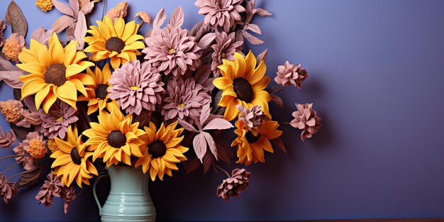 De beaux tournesols sur un fond lilas