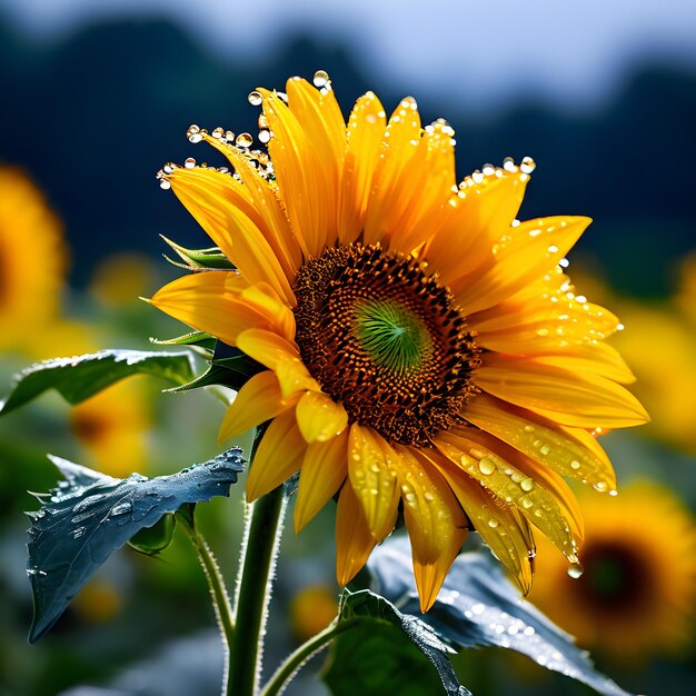 Photo de beaux tournesols avec des gouttes de rosée sur les pétales