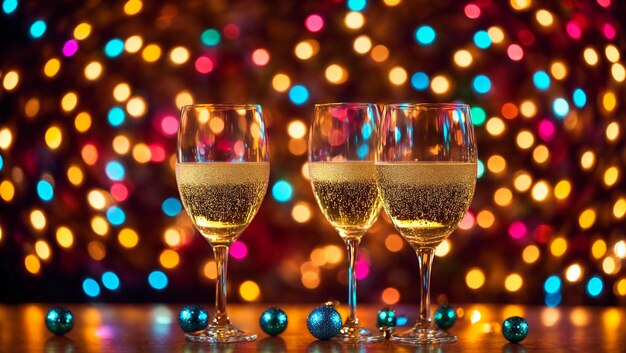 Beaux verres avec champagne bokeh fond festif boules de Noël