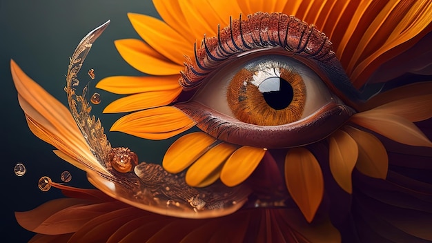 Beaux yeux féminins avec des pétales de fleurs