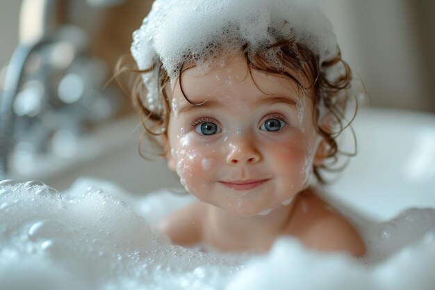 Photo un bébé adorable avec de la mousse de savon sur les cheveux en train de prendre un bain