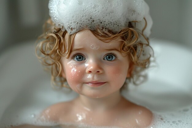 Photo un bébé adorable avec de la mousse de savon sur les cheveux en train de prendre un bain