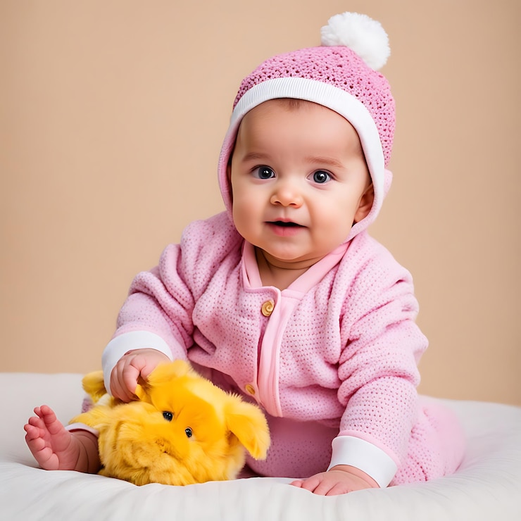 Photo bébé adorable avec des vêtements vibrants dans une pose ludique