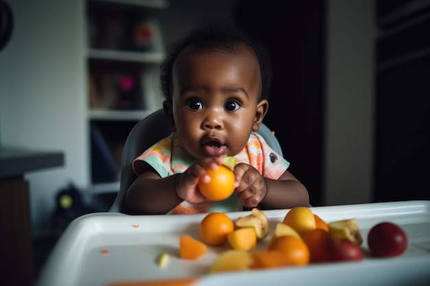 Bébé afro-américain assis dans une chaise haute avec impatience pour son premier goût de fruits