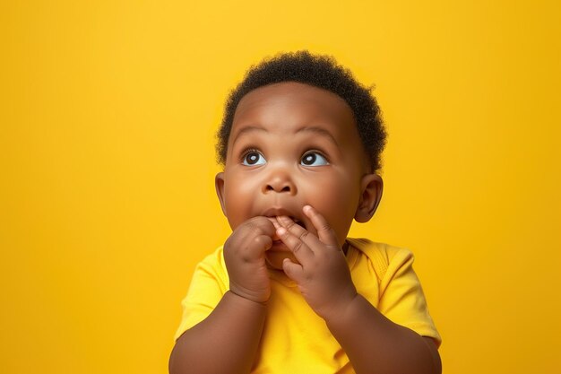 Photo un bébé afro-américain nerveux et mordant les ongles en studio avec une réaction oops sur fond jaune