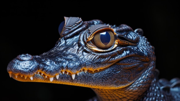 Un bébé alligator avec la bouche ouverte et les yeux grands ouverts