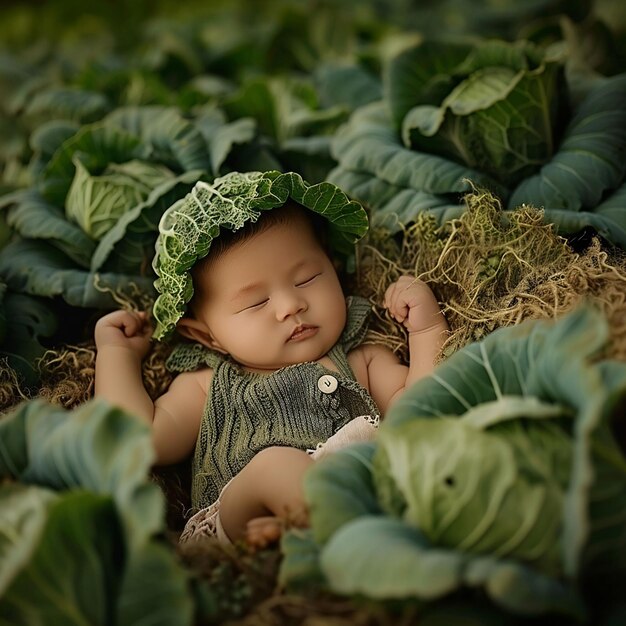 Photo un bébé allongé dans un champ d'herbe avec un chapeau dessus