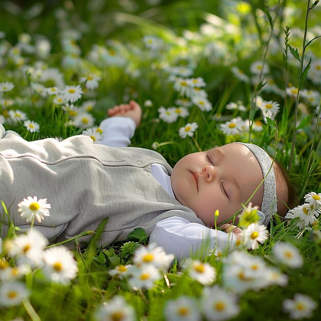 Photo un bébé allongé dans l'herbe avec des marguerites en arrière-plan