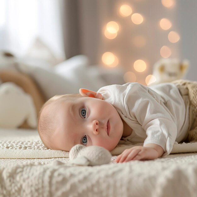 Photo bébé allongé sur un lit avec un animal en peluche