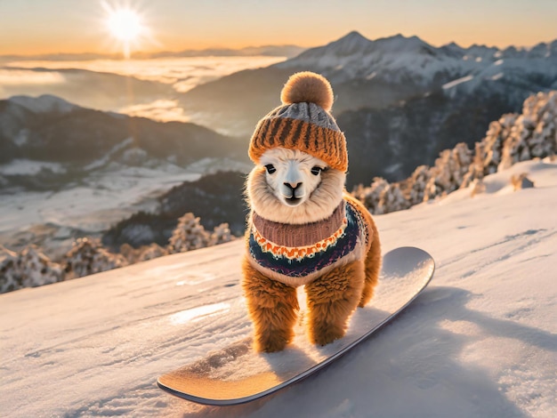 Un bébé alpaca sur une planche à neige au soleil du matin