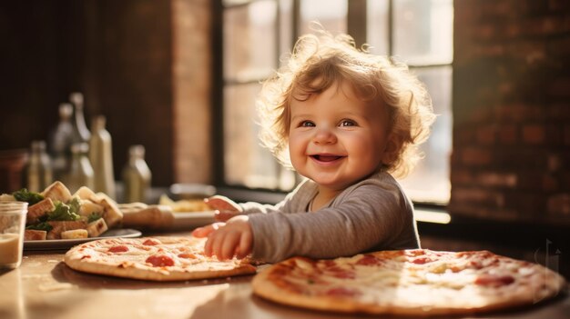 Un bébé américain heureux assis à table avec une pizza fraîche et croustillante.