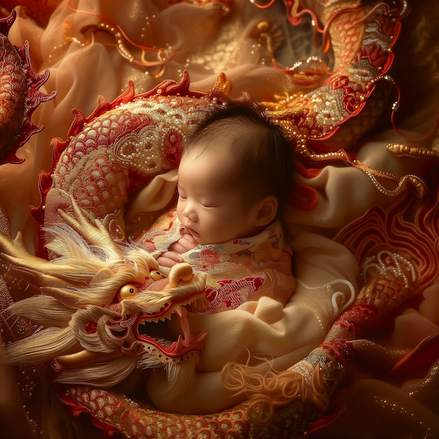 Un bébé Arafed dormant dans un costume de dragon avec un dragon dessus