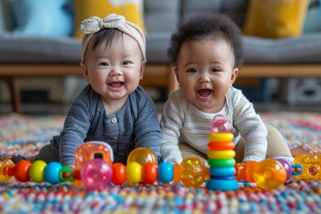 Un bébé asiatique et un bébé mulâtre jouent en souriant sur le sol du salon avec des jouets colorés