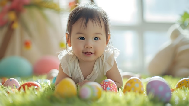 Un bébé asiatique heureux et des œufs de Pâques colorés