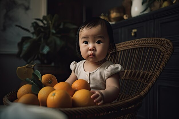 Un bébé assis dans un panier d'oranges