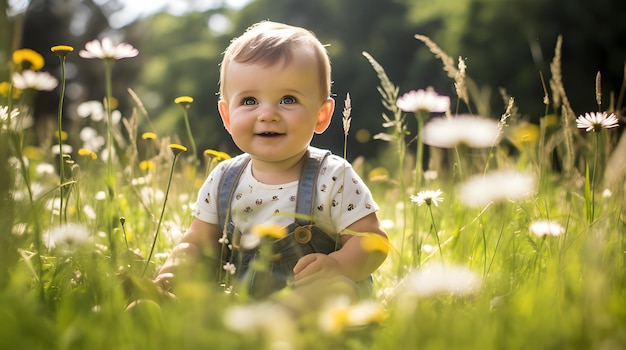 bébé assis dans un patch d'herbe douce avec des marguerites