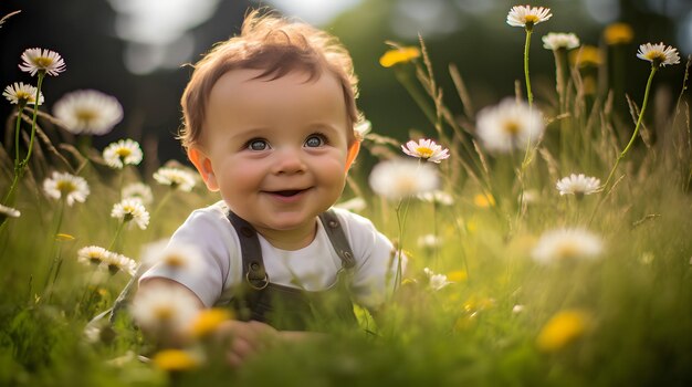 Photo bébé assis dans un patch d'herbe douce avec des marguerites