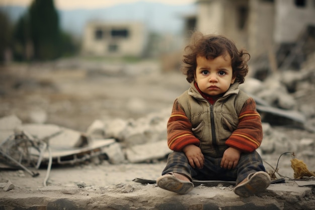 Un bébé assis dans la rue détruit par une bombe pendant la guerre