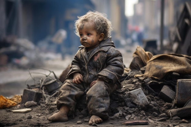 Un bébé assis dans la rue détruit par une bombe pendant la guerre