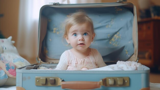 Un bébé assis dans une valise bleue