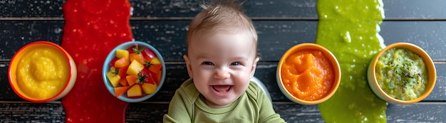 Un bébé assis devant un bouquet de fruits