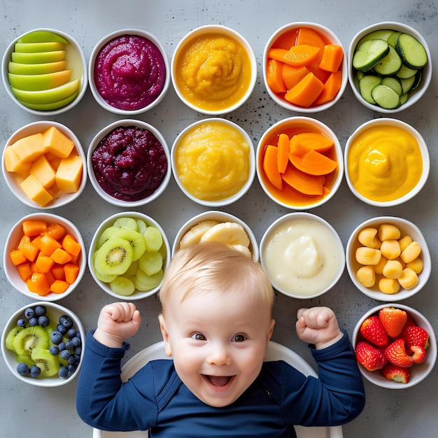 Un bébé assis devant une table pleine de fruits.