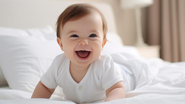 Bébé assis sur le lit à la maison