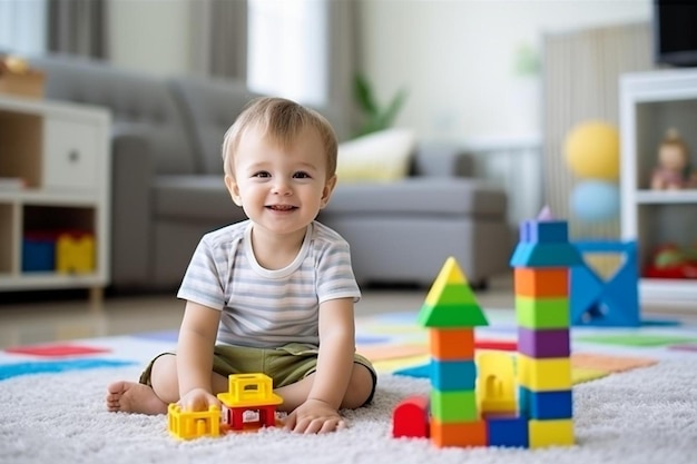 un bébé assis par terre jouant avec des blocs