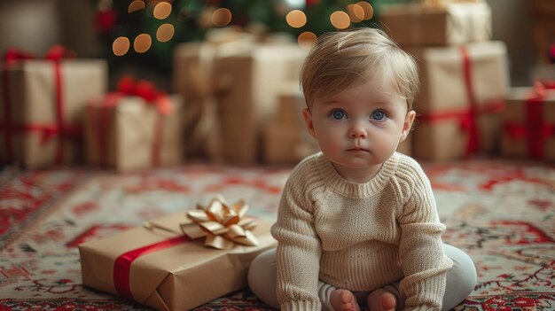 Un bébé assis près de l'arbre de Noël